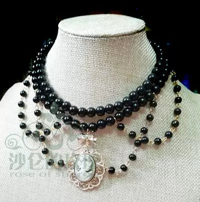 Rose of Sharon - Manor Ball II - Retro Lolita Necklace Pearl Necklace Black pearl + golden brown sculpture