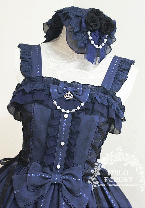 (BFM)Milu Forest~Sleeping Beauty~Elegant Lolita JSK Dress Castle Print Nipped Waist Navy Blue   
