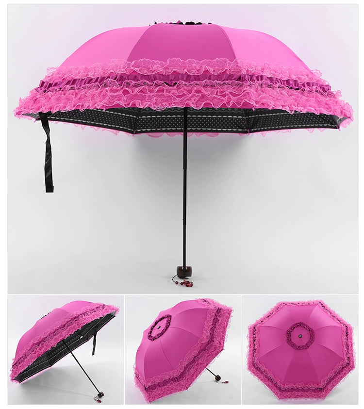 Qiteng - Daily Lolita Lace Princess Sunshade Parasol C version vinyl thickened rosy