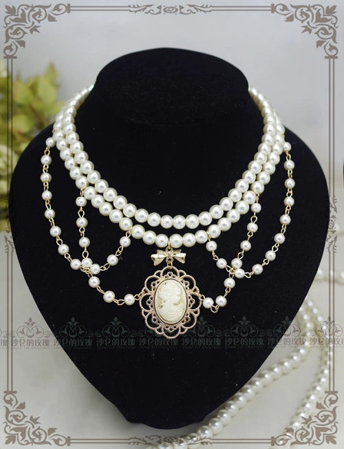 Rose of Sharon - Manor Ball II - Retro Lolita Necklace Pearl Necklace White pearl + golden brown sculpture