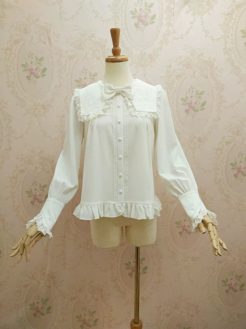 Yilia - Solid Sweet Lolita Shirt, Lace Square Neckline White 2XL