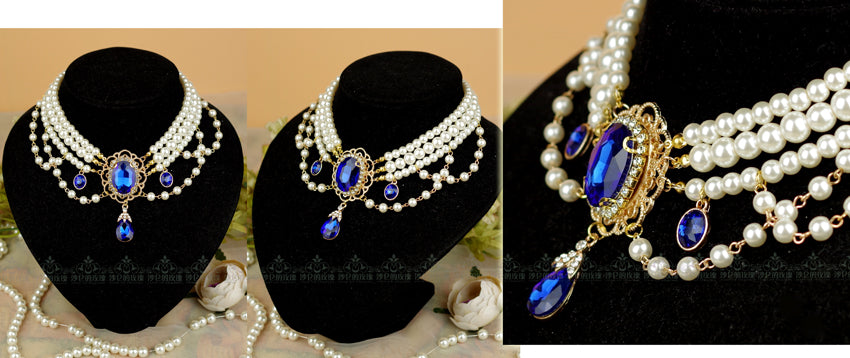 Rose of Sharon - Customized Lolita Pearl Necklace with Gemstone Pendants White Pearl + Sapphire Blue Gemstone/Pendant