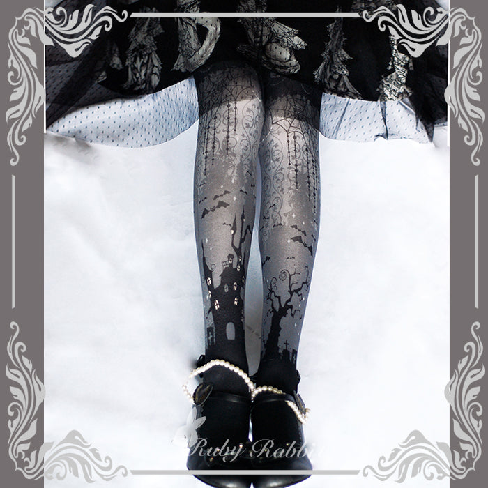 Ruby Rabbit - Halloween Gothic Lolita Castle and Spider Web Print Pantyhose M Dark Gary
