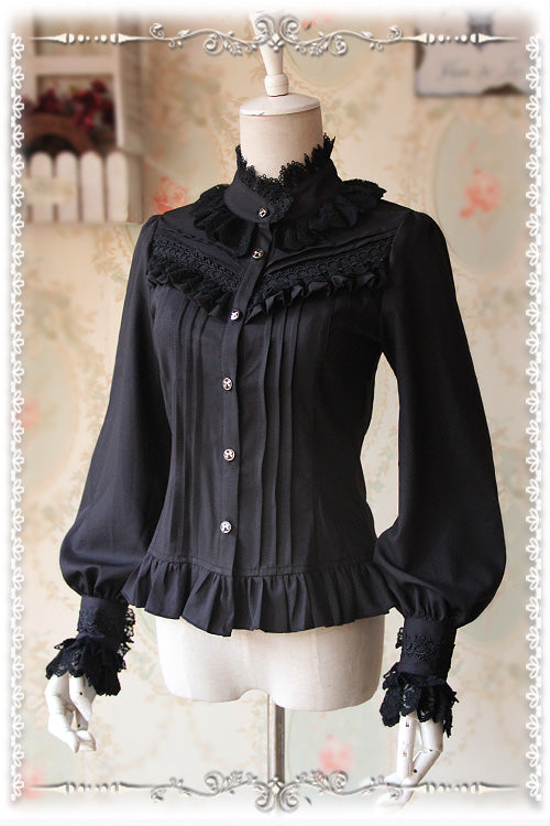Infanta - Fragrance - Lace Ruffle Pin Tucks Classic Lolita Blouse S Black