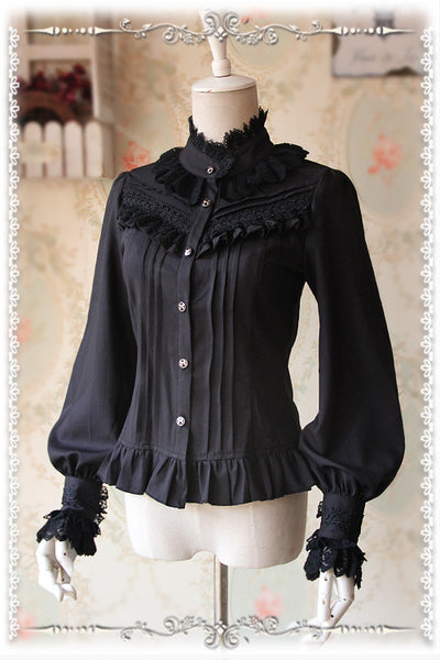 Infanta~Fragrance~Lace Ruffle Pin Tucks Lolita Blouse S black 