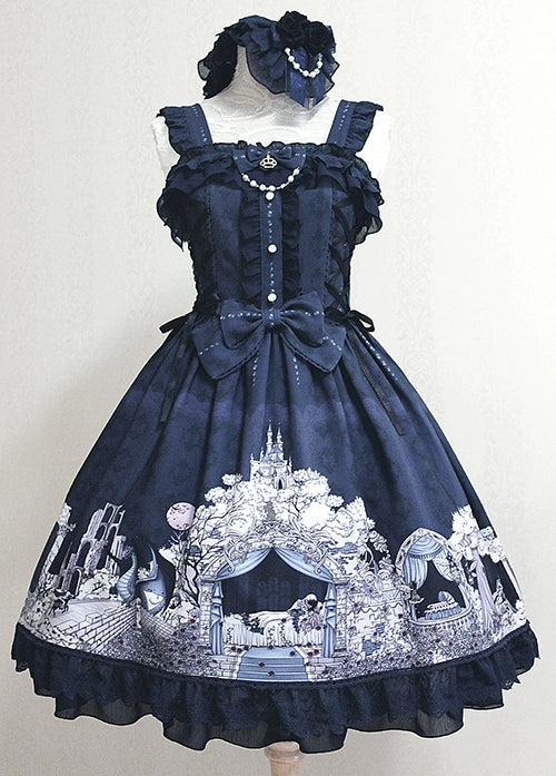(BFM)Milu Forest~Sleeping Beauty~Elegant Lolita JSK Dress Castle Print Nipped Waist Navy Blue navy blue S 