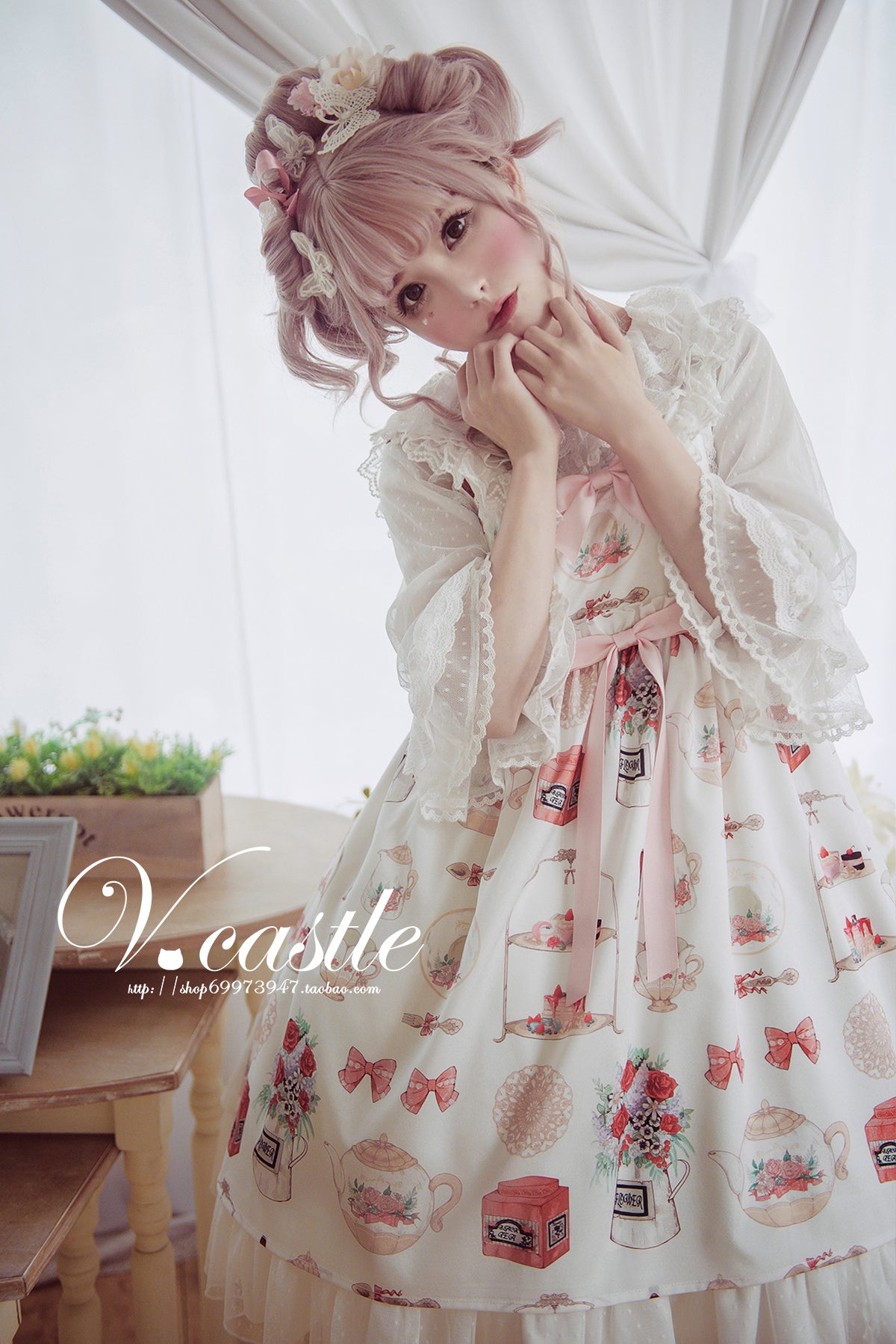 Vcastle~Flower and Letter~Sweet Lolita Lace Dot Print Blouse   