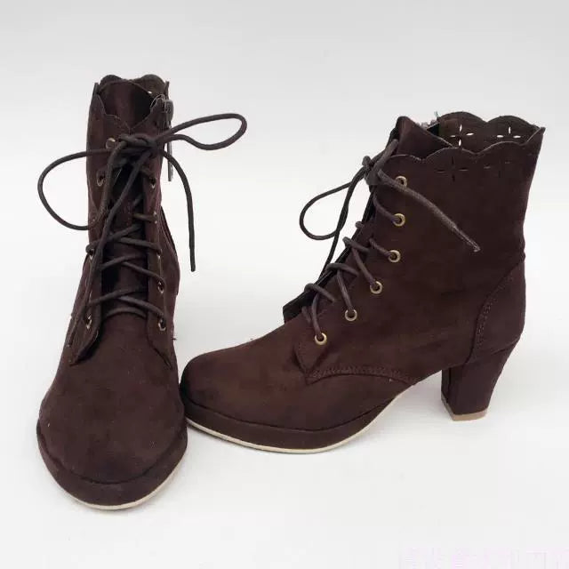 Antaina - Retro Lolita Shoes High Heel Suede Shoes Petal Shaped Topline Customized coffee suede upper - back heel 6.3 front heel 1 33