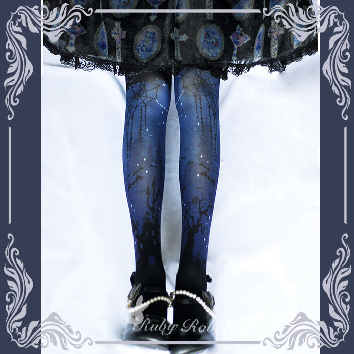 Ruby Rabbit - Halloween Gothic Lolita Castle and Spider Web Print Pantyhose