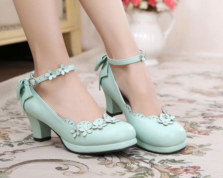 Sosic - Peony Petal - Original Petal Bow High Thick Sweet Lolita Small Leather Shoes