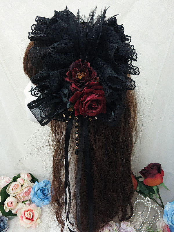 Sweet Jelly Lolita - GothicLolita Headdress Lace Headband with Delicate Florals Black x Wine Red