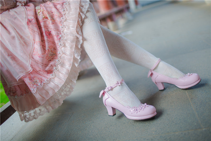 Sosic - Peony Petal - Original Petal Bow High Thick Sweet Lolita Small Leather Shoes