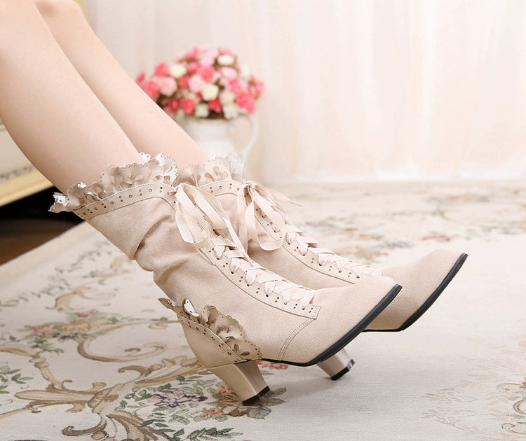 Sosic~Meteorite's Wound~Winter Gothic Lolita Boots Dark Velvet Mid-Calf Heels (35 36 37 38 39 40 41 42) 40804:676186
