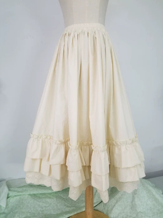 Classic Lolita Cotton Underskirt, Flounce Hem Beige (2-layer ruffles) 25.6 inches / 65 cm