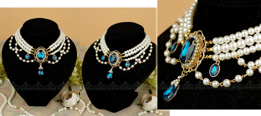 Rose of Sharon - Customized Lolita Pearl Necklace with Gemstone Pendants White Pearl + Peacock Blue Gemstone/Pendant