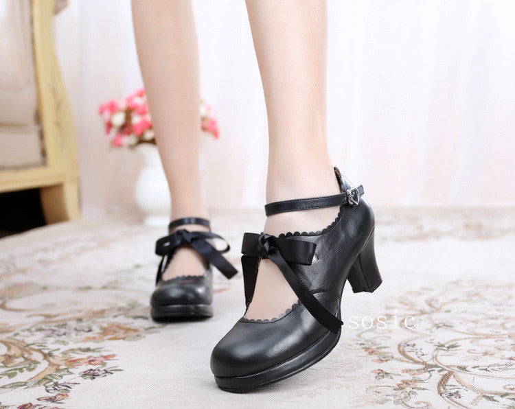 Sosic - Qing Mengnuo - Elegant Lolita Satin High Heel Handmade Shoes black color 33