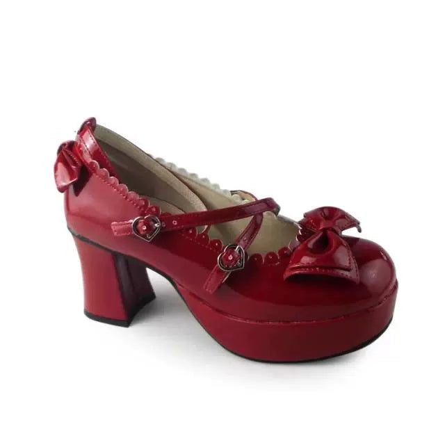 Antaina - Sweet Chunky Heels Lolita Shoes Size 41-44 41 Shining wine red (Heel height back 7.5 front 3)