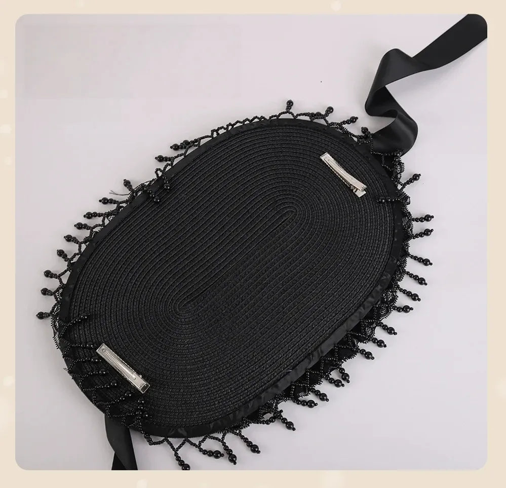 Gothic Lolita Black Hat, Rose & Bead Tassels