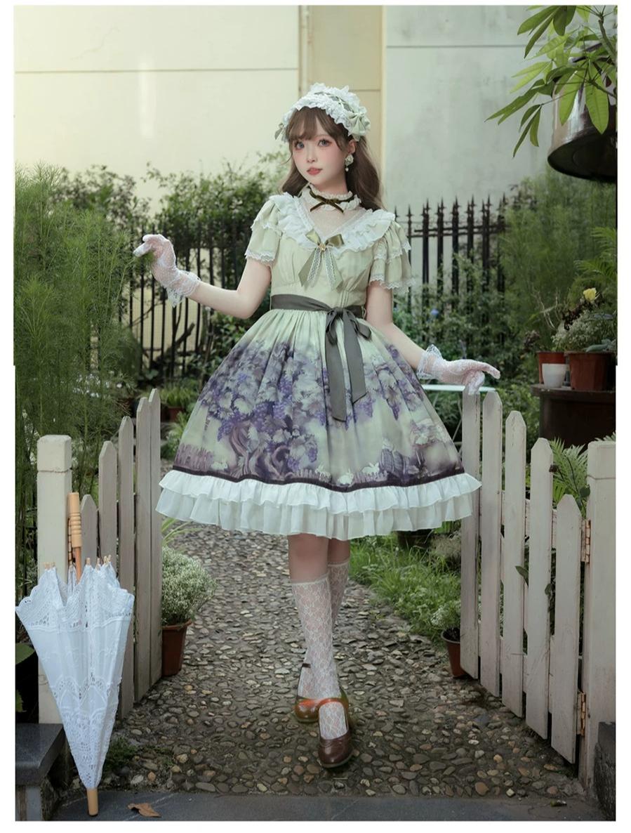 Grape Manor - Back Zipper Classic Lolita OP Dress, Bunny and Grape Print
