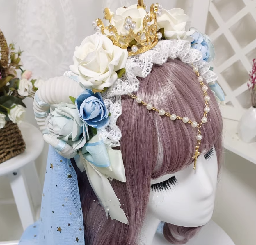 Yu Xixixi - Gothic Lolita Rose Crown KC with Veil Pendant Customized Light Blue (silver crown)