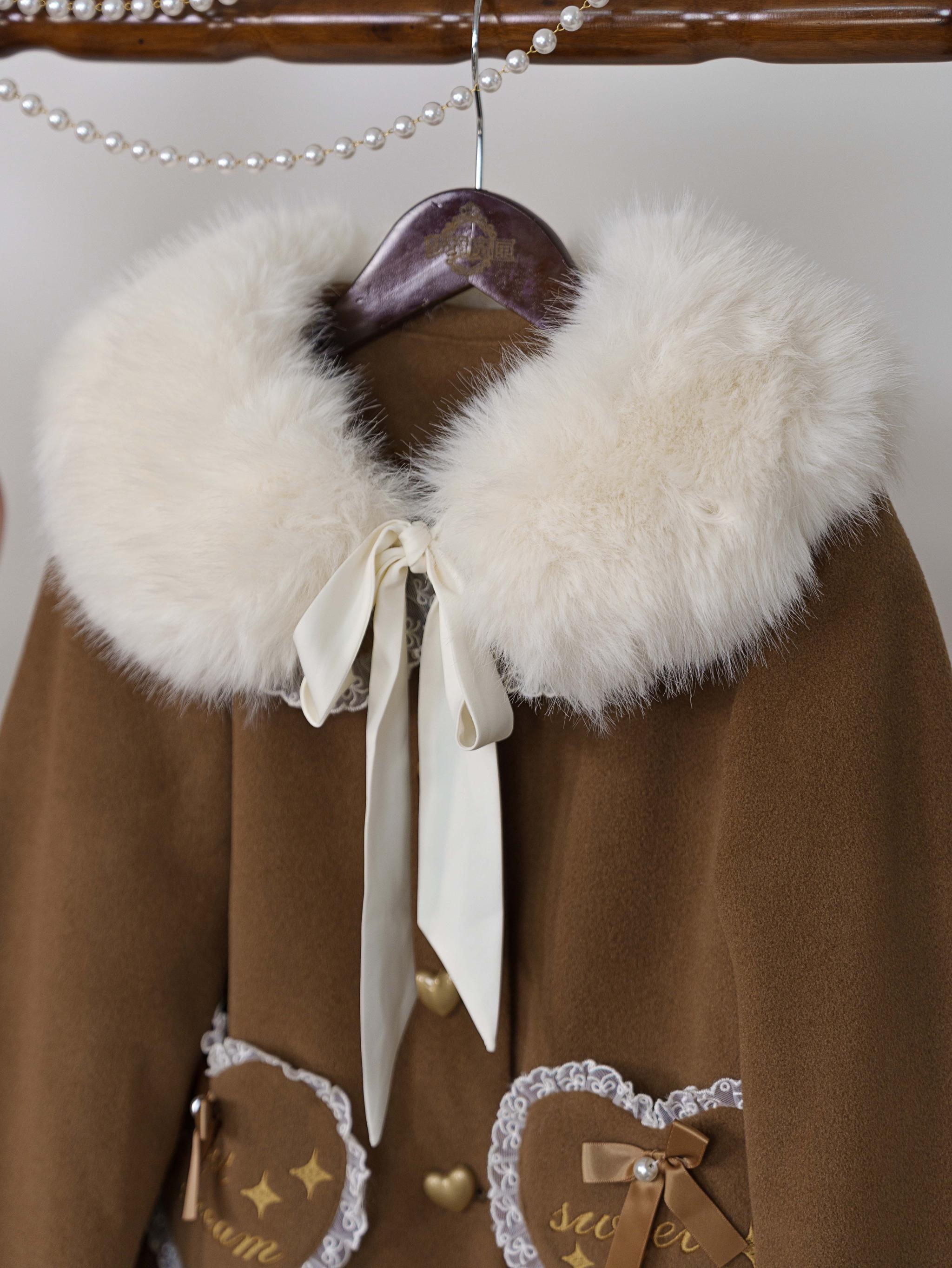 Milk Puff - Winter Fleece-lined Sweet Lolita Coat, Detachable Collar 44043:793433