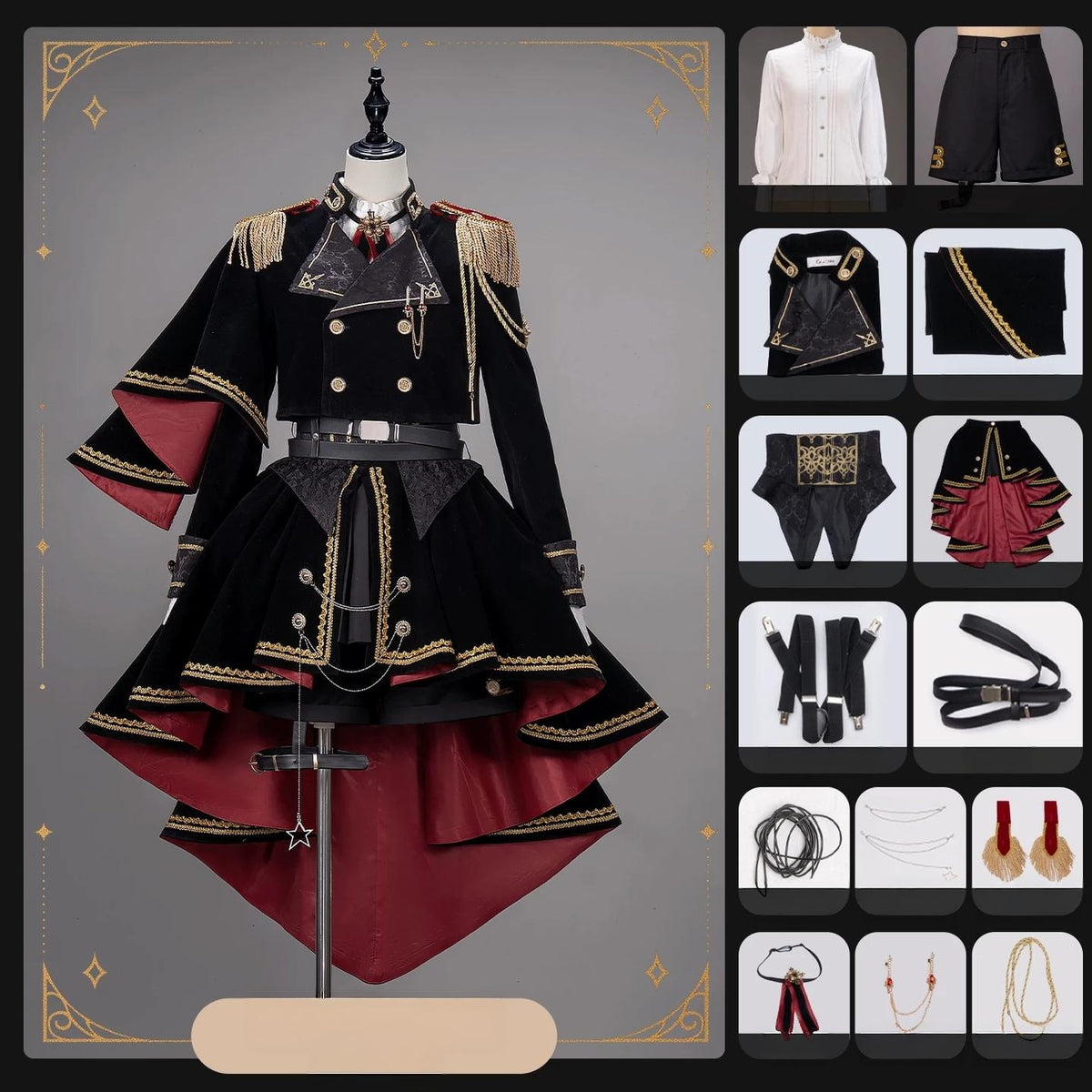 Canticle of Rites - Military Ouji Lolita Jacket & Shorts Set, Detachable Train Black-Red 14-Piece Set S Pre-order