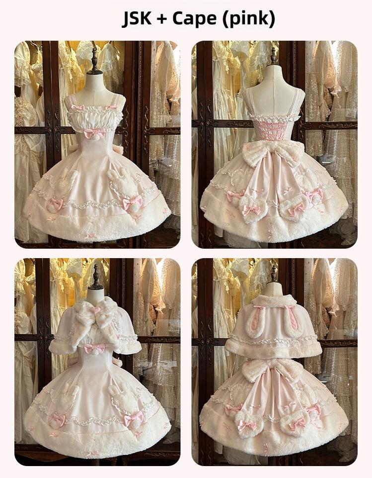 Mengfuzi - Bunny Mochi - Winter Doll-like Sweet Lolita Cape Dress Set (Pink / 2XL L M S XL) 44099:796092