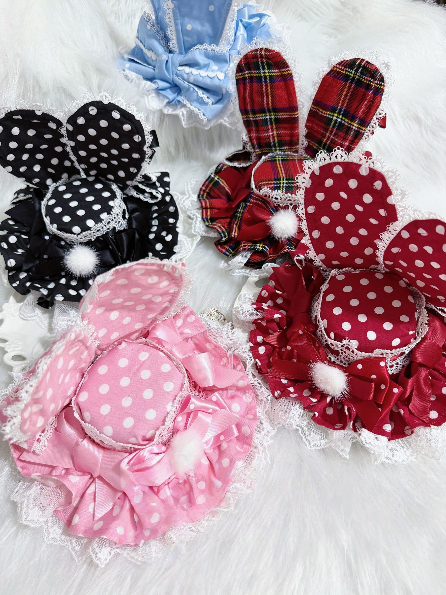 Kawaii Lolita Bunny Ear Hat, Plaid & Polka Dot Styles