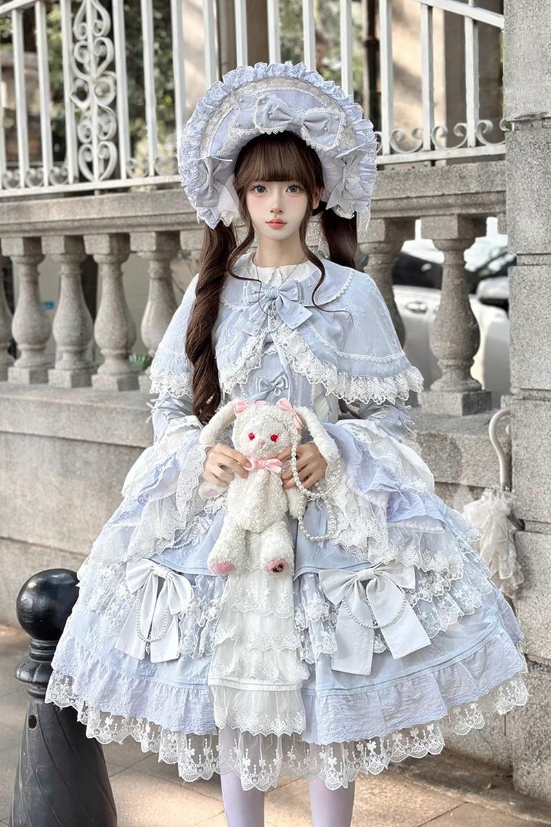 Peach Bunny - Sakura Love - Sweet Lolita Cloak, Detachable Bow Blue Cape One Size