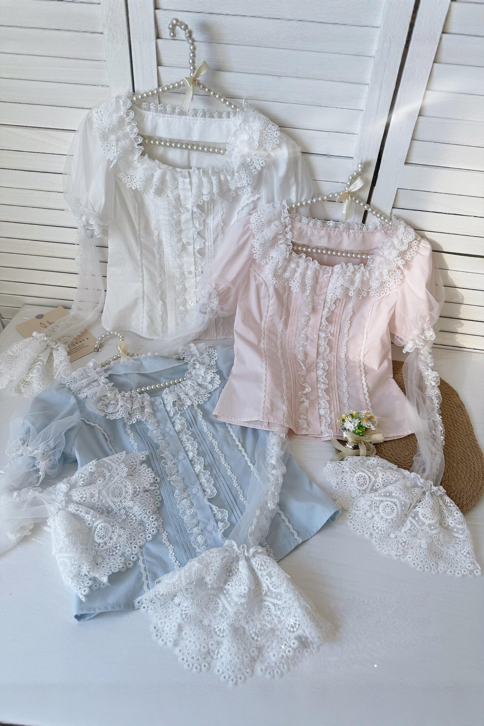 Frosted Starlight - Old School Lolita Blouse, Detachable Sheer Sleeves 44613:814463