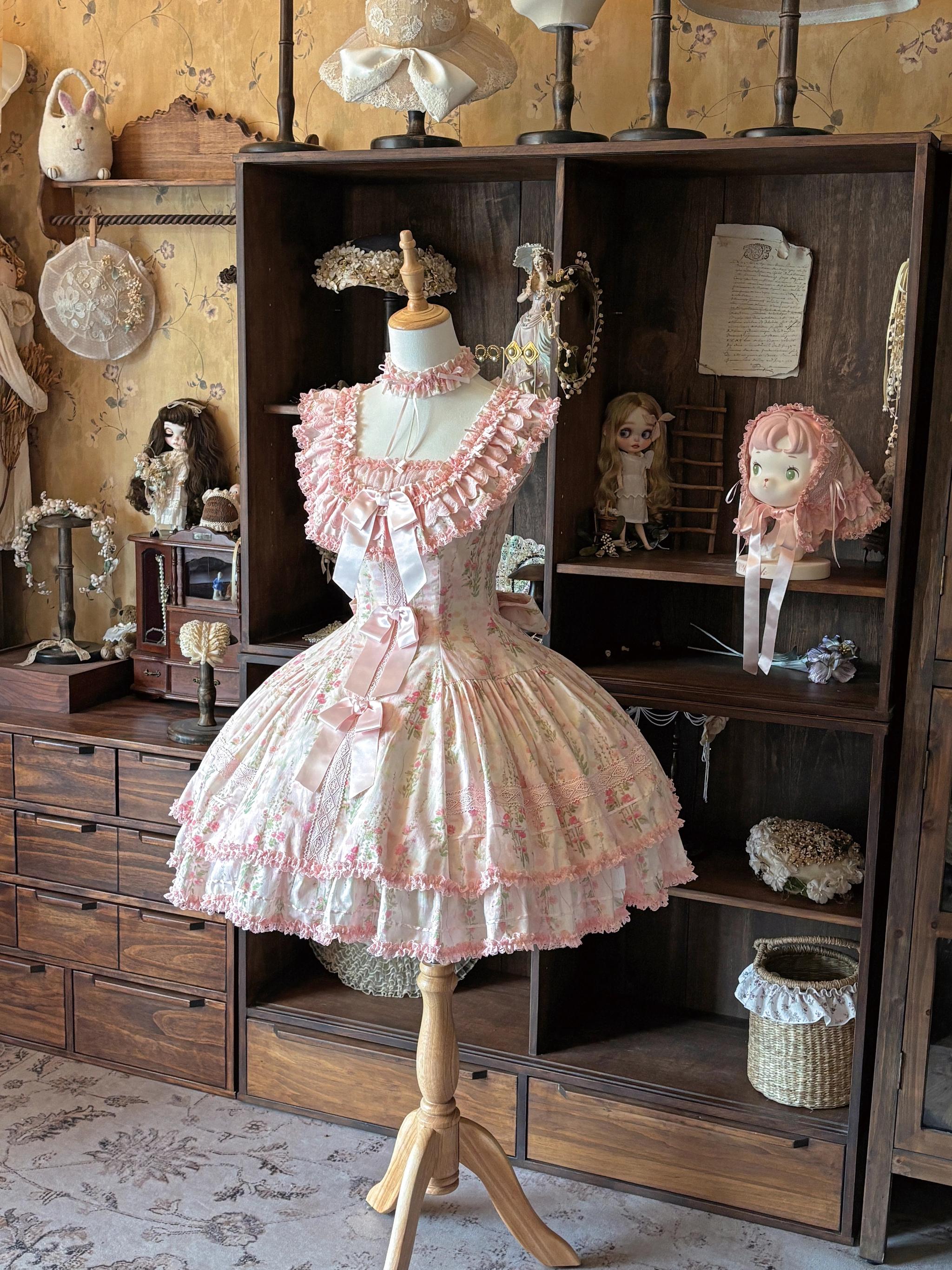 Prologue Rose - Cotton Classic Lolita Pink JSK Dress, Rose Print 45828:864117
