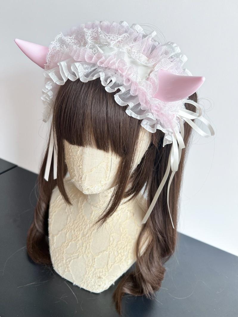 MAID~Gothic Lolita Halloween KC Devil Horn Hairband Customizable Color White x Light Pink  