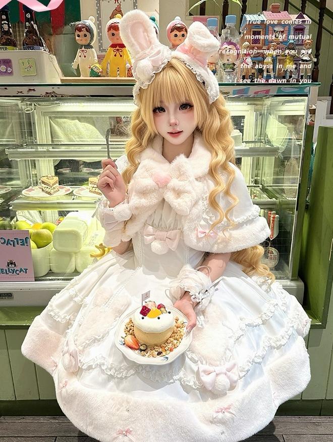 Mengfuzi - Bunny Mochi - Winter Doll-like Sweet Lolita Cape Dress Set 44099:796100