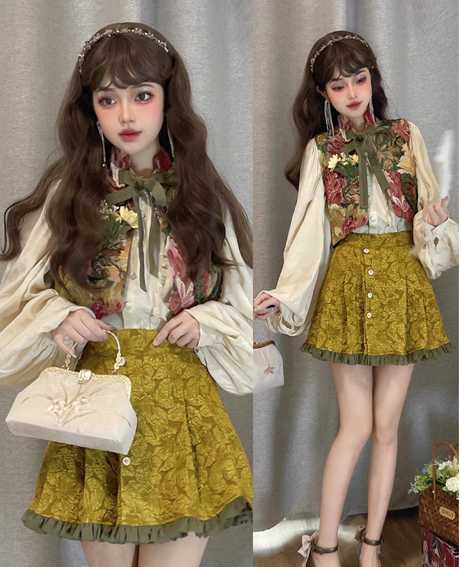 ZJstory~Gold Age~Retro Lolita Embossed Shirt Skirt and Floral Vest   
