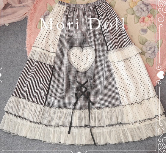 Mori Doll - Peach Tea - Sweet Lolita Dot and Stripe Print Skirt Multicolors S black