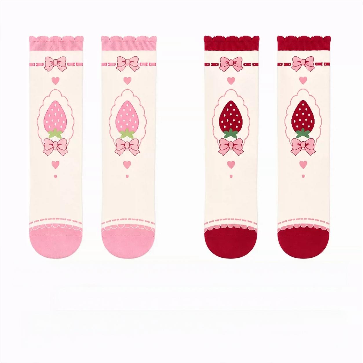 Cotton Sweet Lolita Mid-calf Socks, Strawberry Jacquard 45902:867348