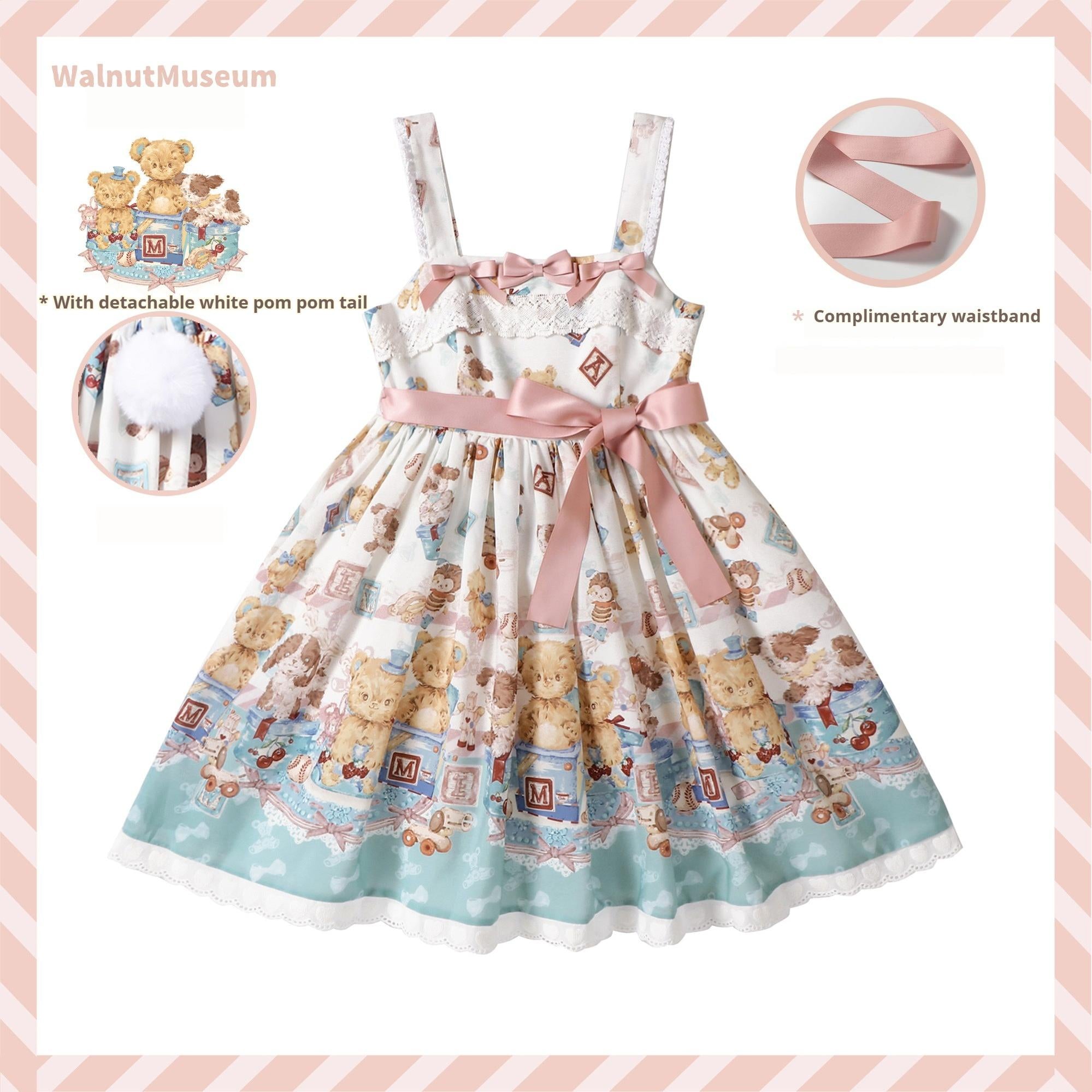 Walnut Museum - Toy Anniversary - Kawaii Lolita Dress Suit Bear Print JSK and Salopette Milky White JSK S