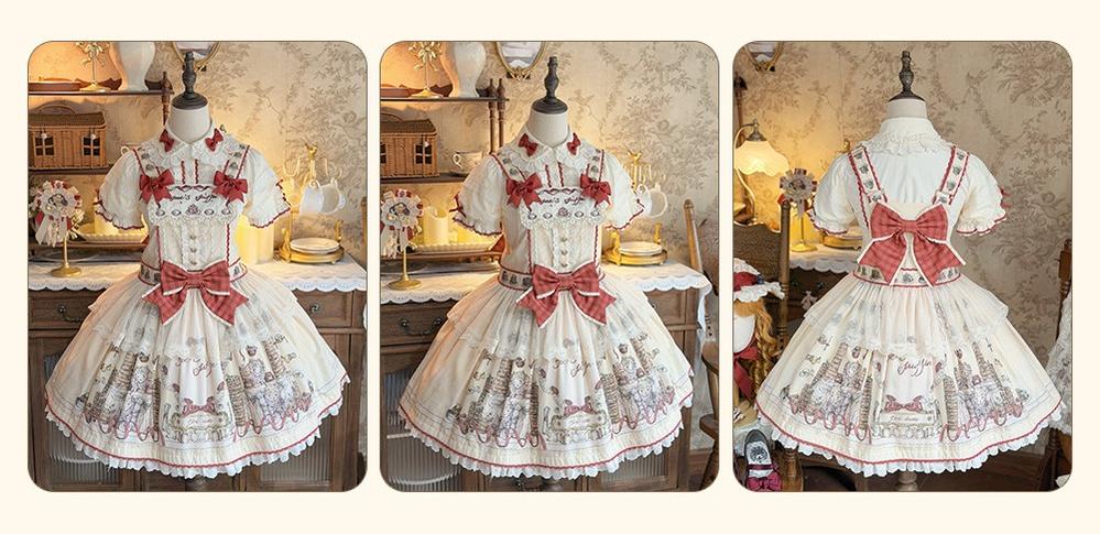 Pancake Postman - Kawaii Lolita Printed OP & Salopette Dress, Lace & Bows 45174:838691