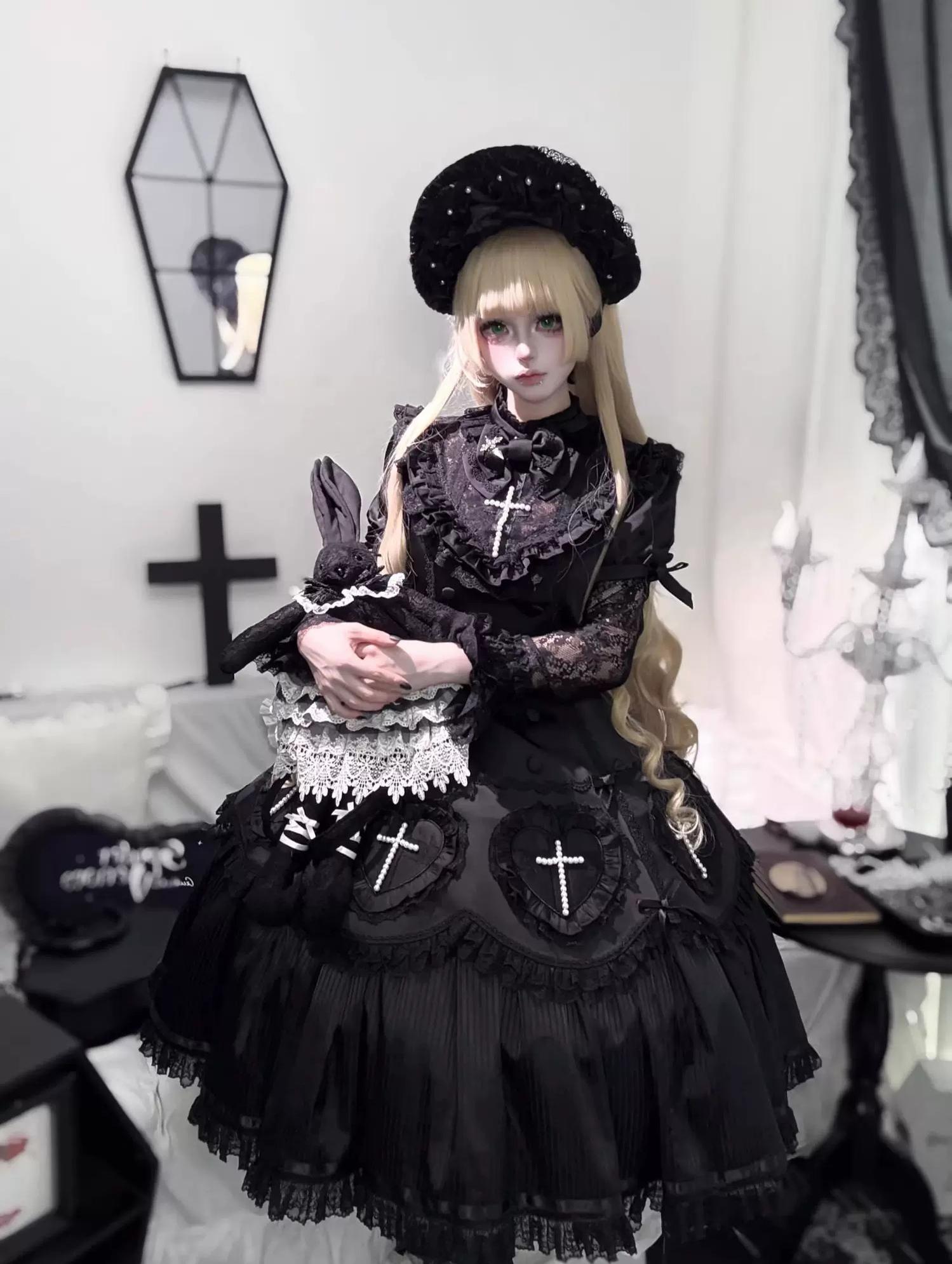 Nocthymn Cross - Gothic Lolita OP Dress with Pearled Cross, Detachable Sleeves 45813:863465