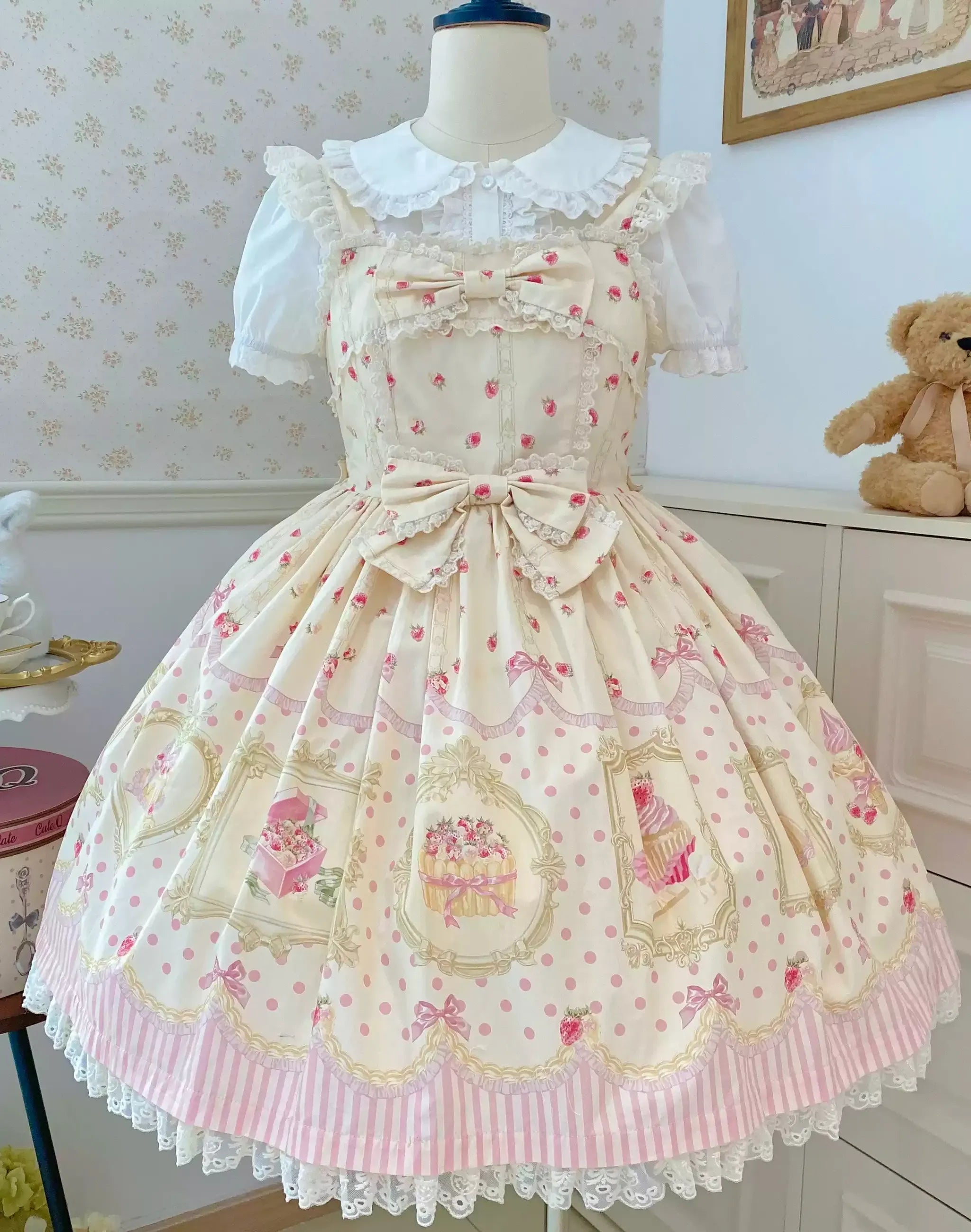 Pink Jade Strawberry - Sweet Lolita Strawberry Print JSK & OP Dress with Lace (2XL L M S XL) 45278:845335