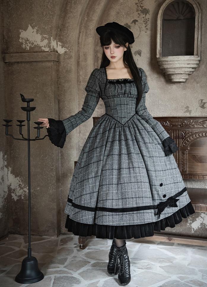 With PUJI - Yesterday's Epistle - Winter Classic Lolita Plaid Dress Set, Fishbone Waist 44227:800114