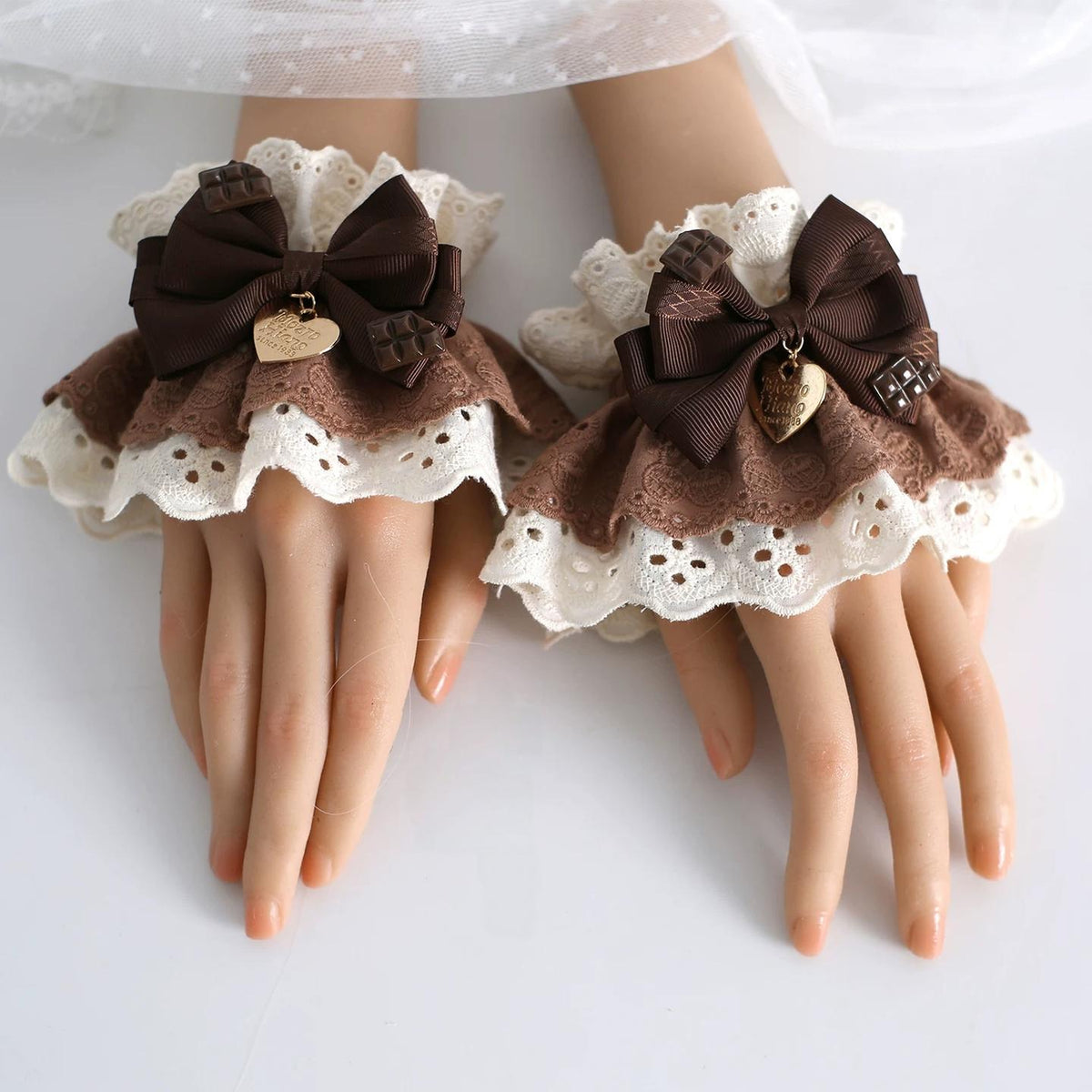 Coffee Brown Kawaii Lolita Hairband Accessory Set, Lace & Bear Ears 46088:874534