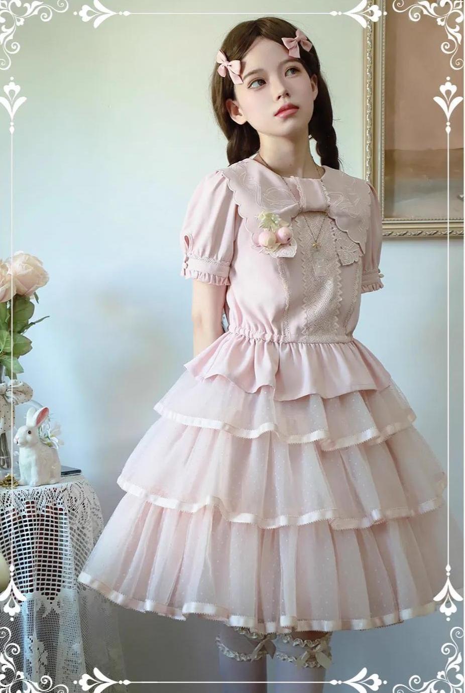 ZeeYe - Night Rose - Classic Lolita Shirt Double Layer Bow Embroidered Versatile Blouse S Grey-pink non-hollow out short sleeve