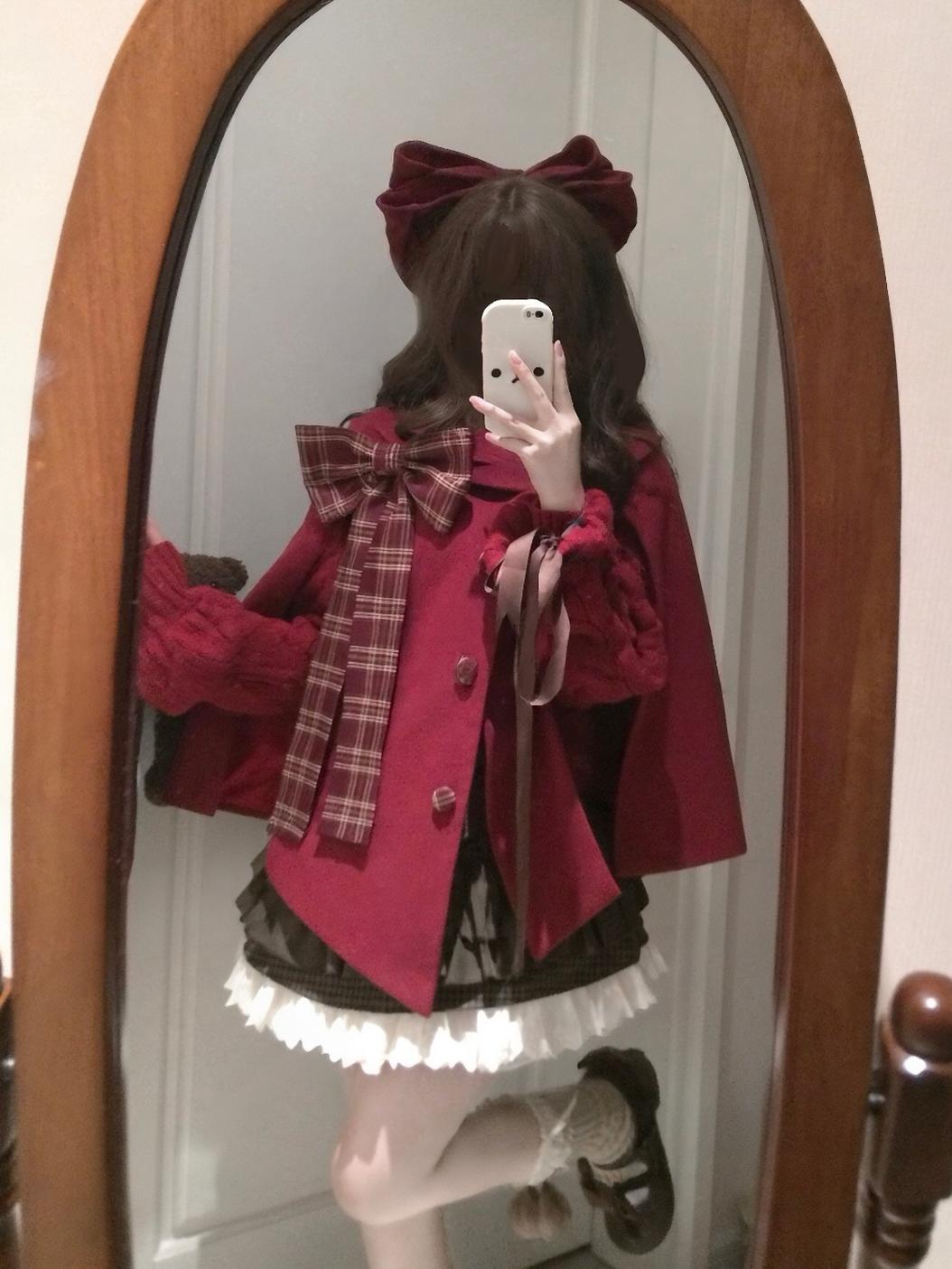 Christmas Lolita Wine Red Cape Coat, Bunny Ear & Plaid Bow