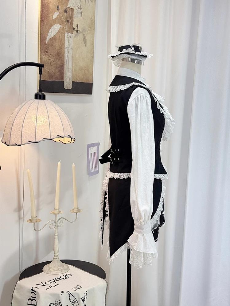 Crow Feather Ode - Ouji Lolita Cotton Linen Shirt and Clock Embroidery Vest Set 45665:857470