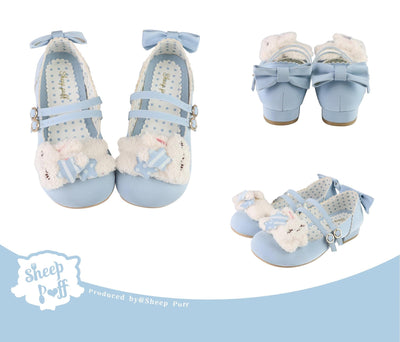 Sheep Puff~Mimitty Rabbit~Kawaii Lolita Low Heel Shoes Plush Bunny Spring Lolita Shoes Blue 34 