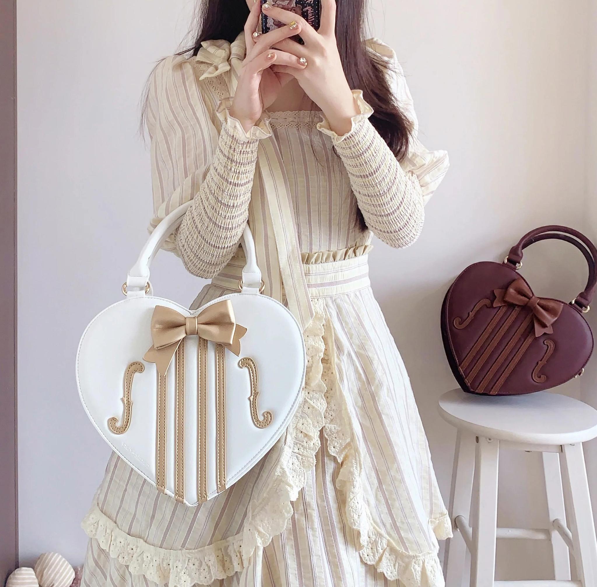 Heart of Violin - PU Classic Lolita Heart Shaped Bag, Violin and Bow Detail 45630:856496
