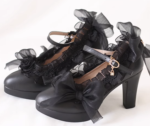 Xiaogui - Gothic Lolita Black Lace High Heels