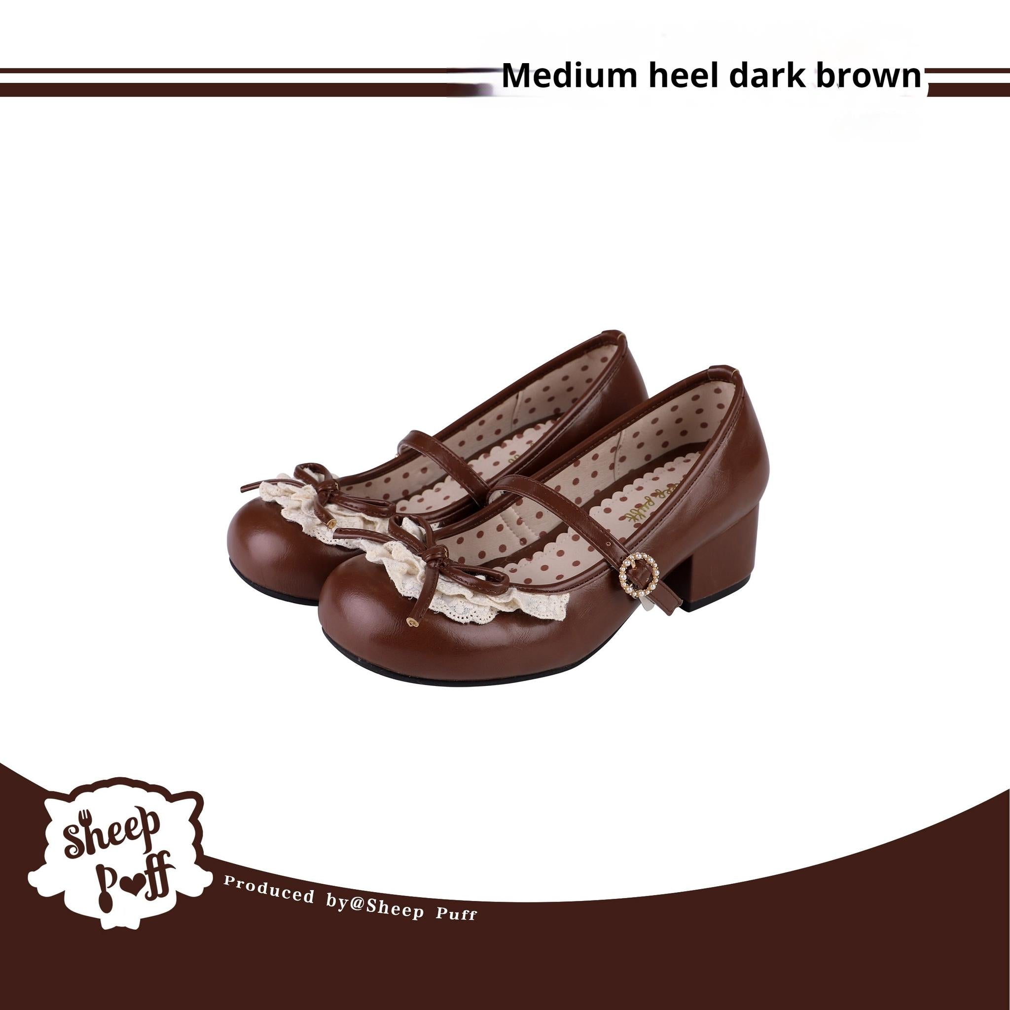 Sheep Puff - Young Layla - Vintage Lolita Shoes Low Heel Butterfly Shoes 34 Dark Brown - mid heels