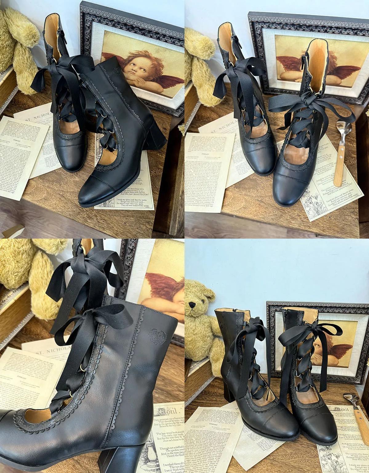 Angel Floral Wall - Classic Lolita Straps Ankle Boots, Side Zipper 45766:861671